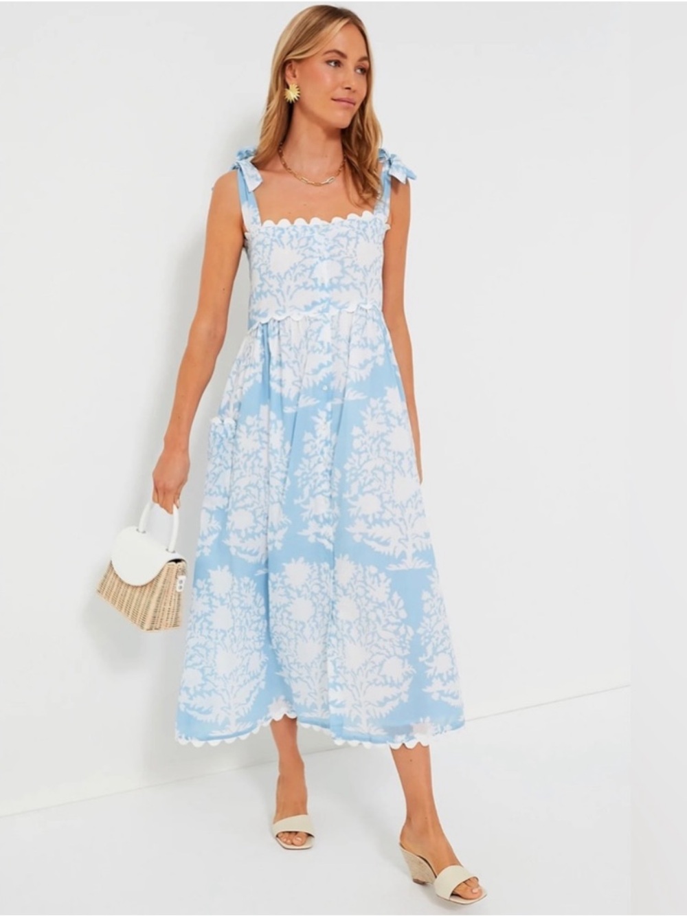 Juliet Dunn Pastel Blue Palladio Scallop Tie Shoulder Midi Dress Size Medium